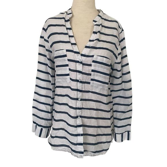 Zara Linen Navy White Stripes Button Roll Sleeves Pockets Blouse Shirt Medium - Picture 2 of 10